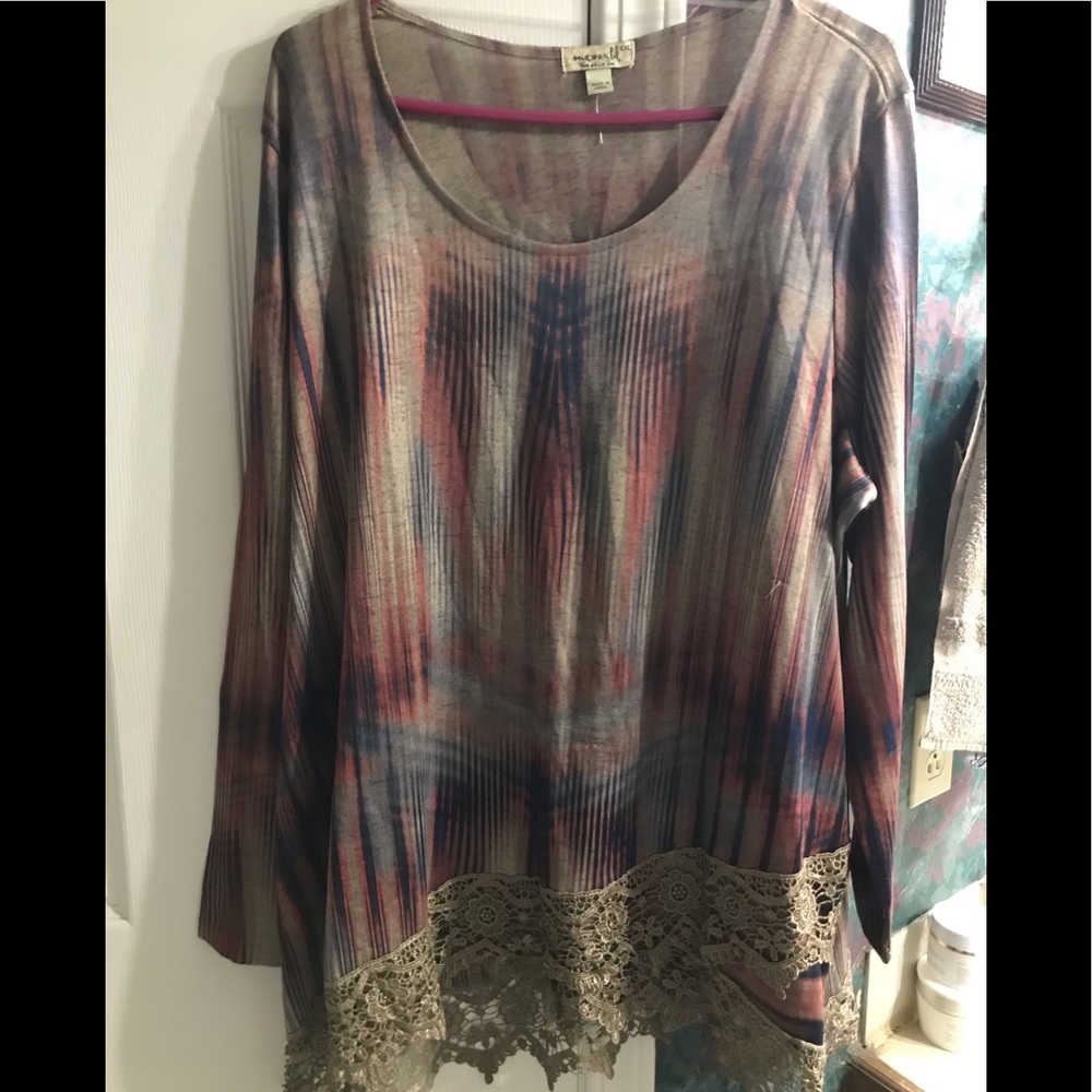 One world brand multicolored knit top w/ lace chevron sz XXL